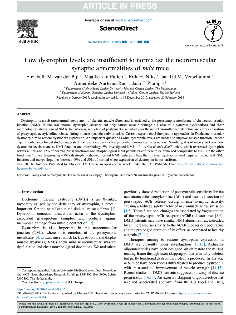 Low dystrophin levels are insufficient to normalize the neuromuscular synaptic abnormalities of mdx mice