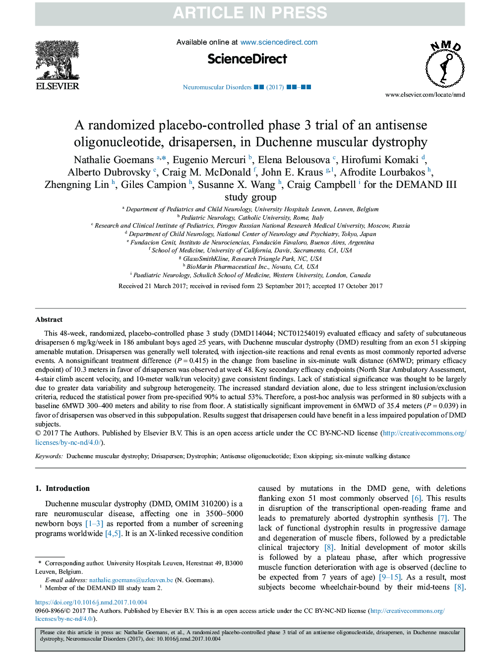A randomized placebo-controlled phase 3 trial of an antisense oligonucleotide, drisapersen, in Duchenne muscular dystrophy