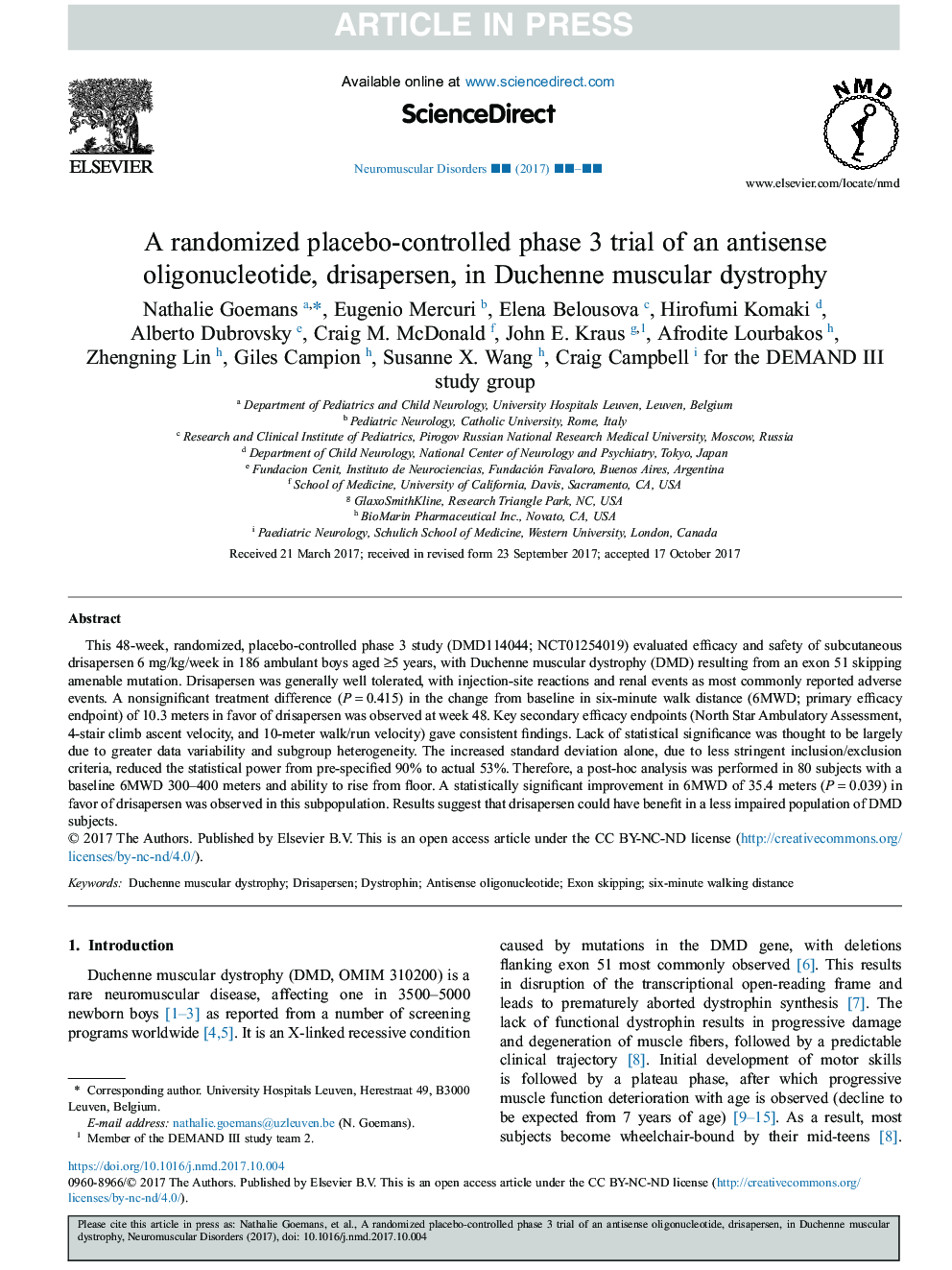 عکس صفحه اول مقاله: A randomized placebo-controlled phase 3 trial of an antisense oligonucleotide, drisapersen, in Duchenne muscular dystrophy A randomized placebo-controlled phase 3 trial of an antisense oligonucleotide, drisapersen, in Duchenne muscular dystrophy