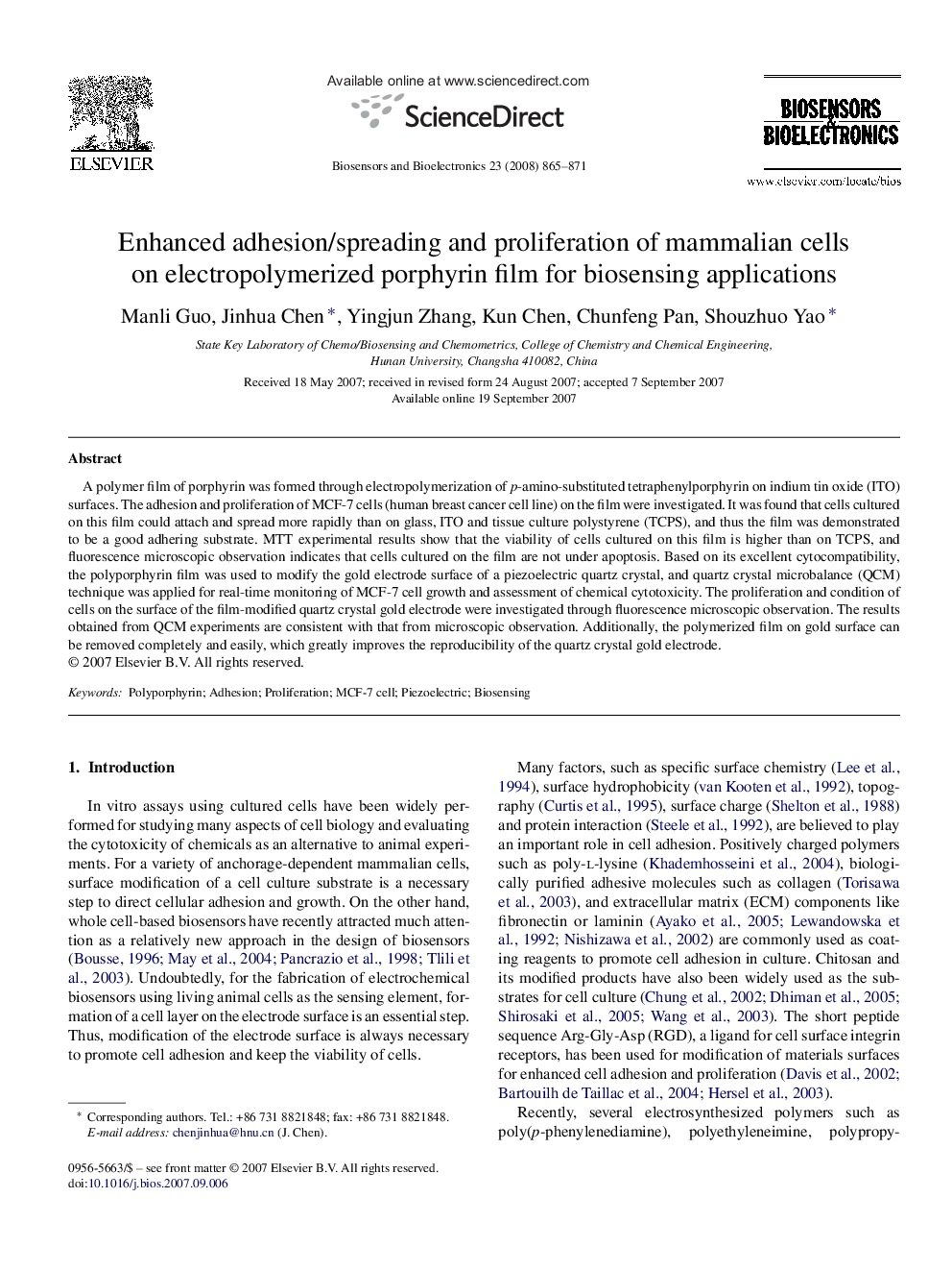 Enhanced adhesion/spreading and proliferation of mammalian cells on electropolymerized porphyrin film for biosensing applications