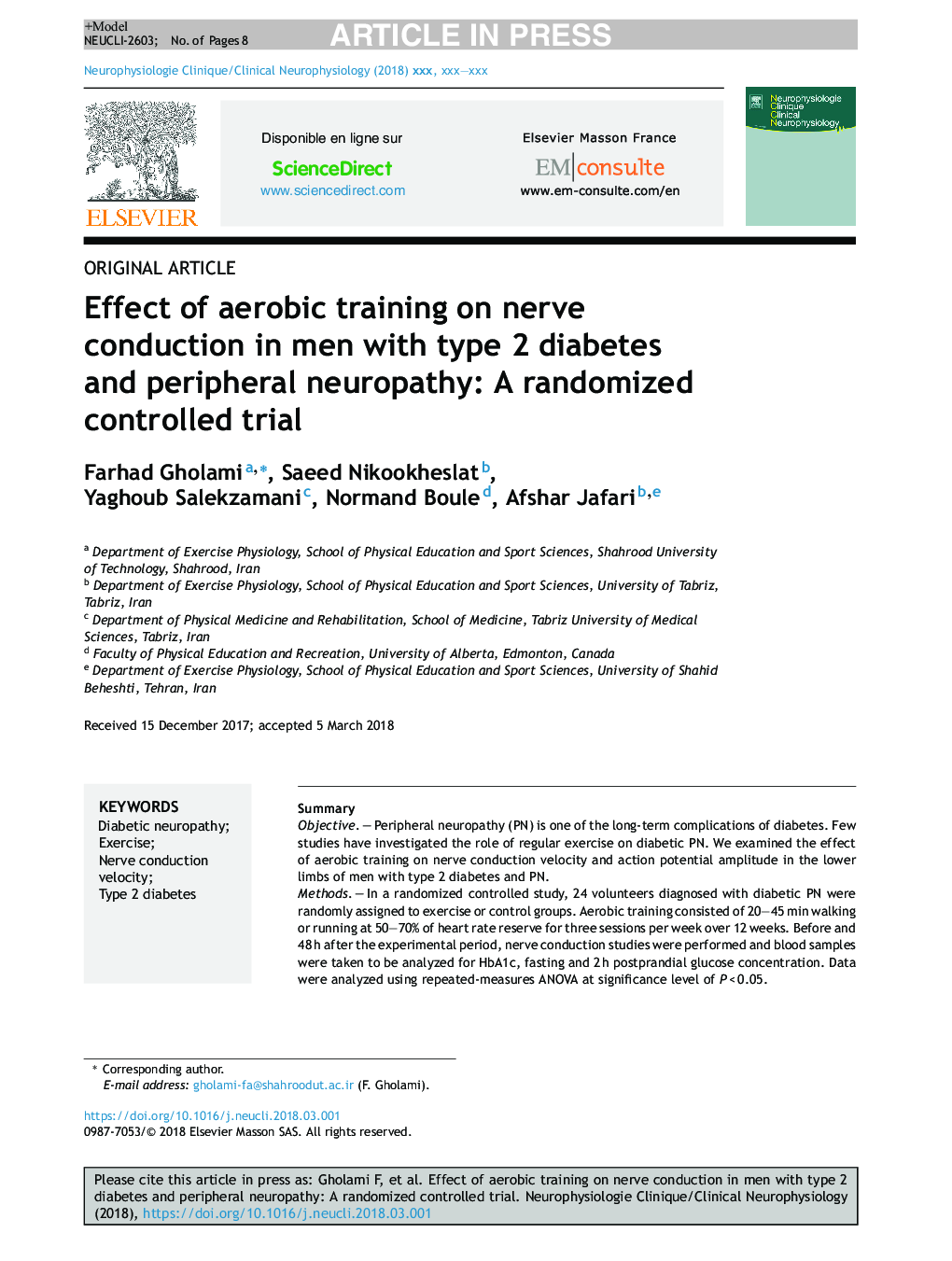 اثر آموزش هوازی بر روی هدایت عصب در مردان مبتلا به دیابت نوع 2 و نوروپاتی محیطی: یک کارآزمایی کنترل شده تصادفی 
