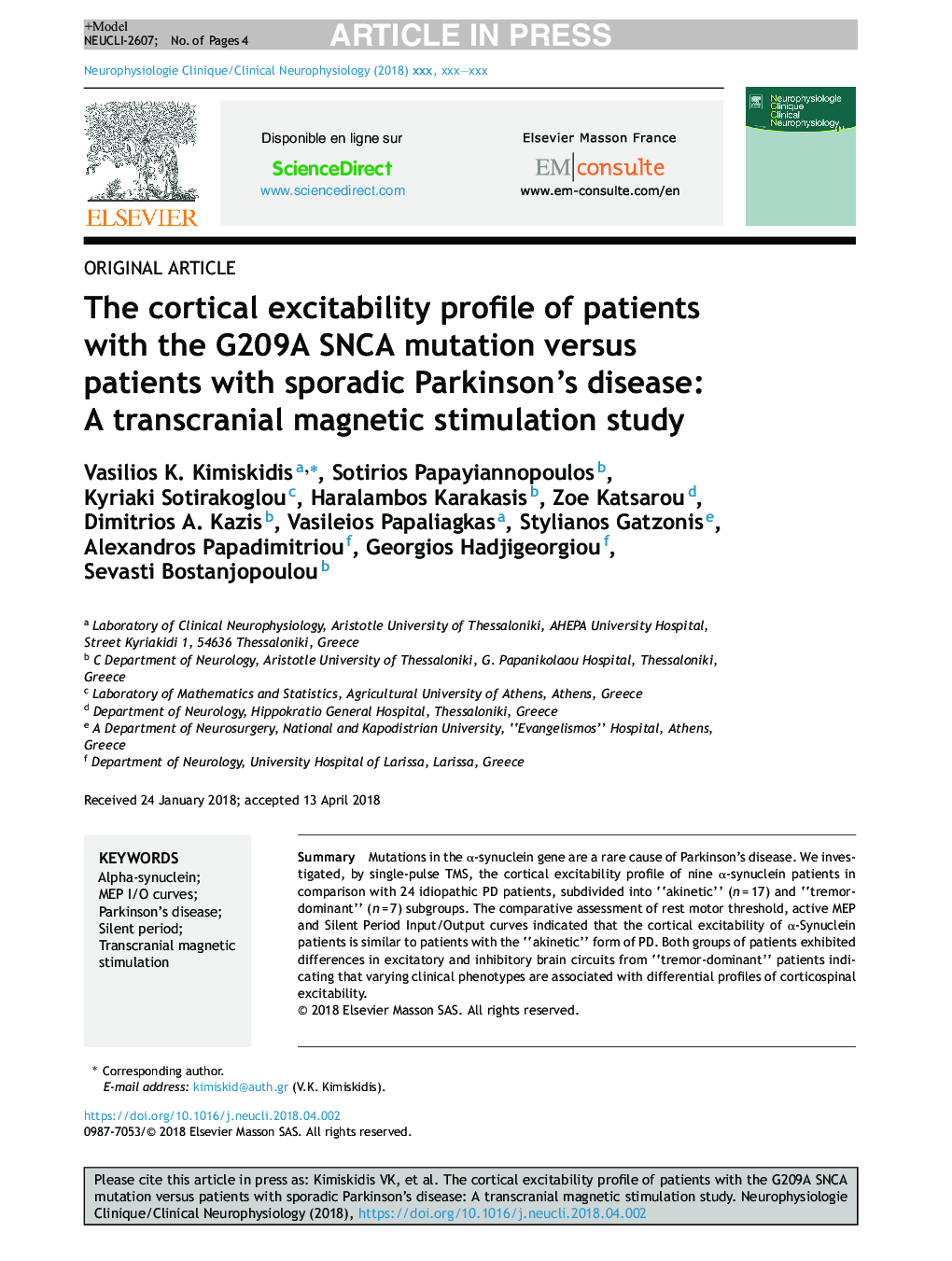 The cortical excitability profile of patients with the G209A SNCA mutation versus patients with sporadic Parkinson's disease: A transcranial magnetic stimulation study