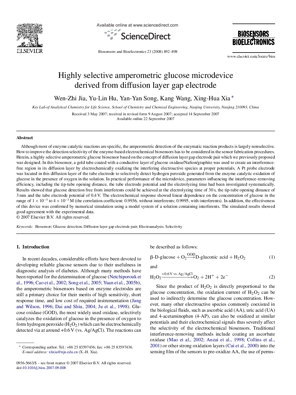 Highly selective amperometric glucose microdevice derived from diffusion layer gap electrode