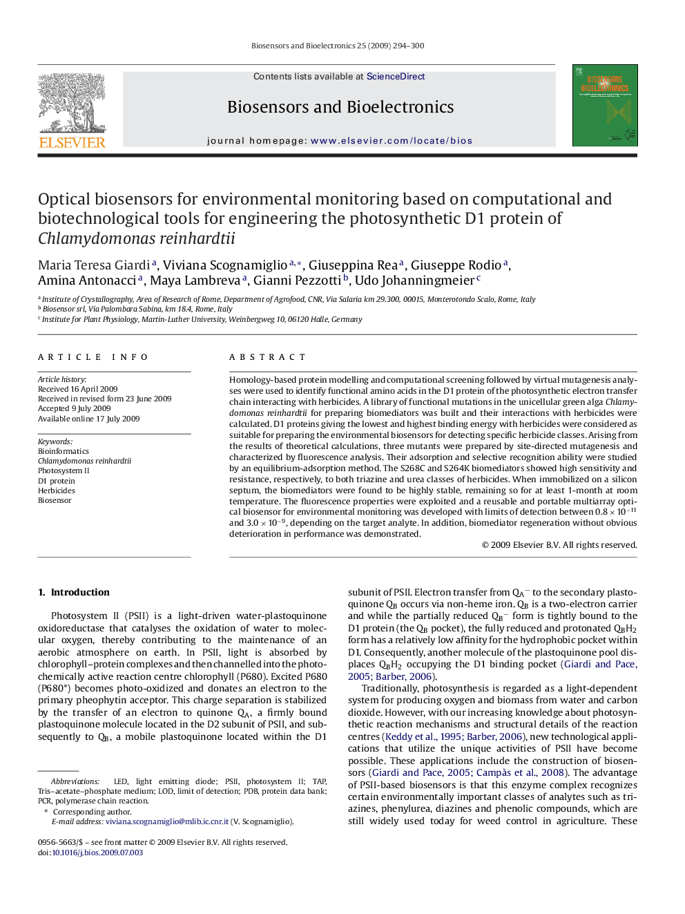 Optical biosensors for environmental monitoring based on computational and biotechnological tools for engineering the photosynthetic D1 protein of Chlamydomonas reinhardtii