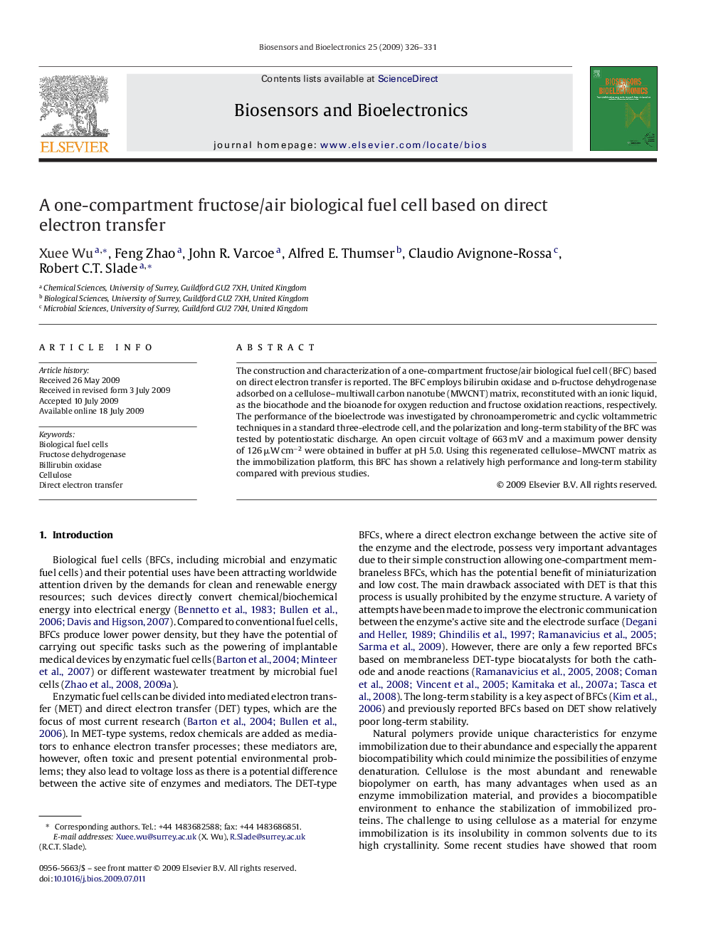 A one-compartment fructose/air biological fuel cell based on direct electron transfer