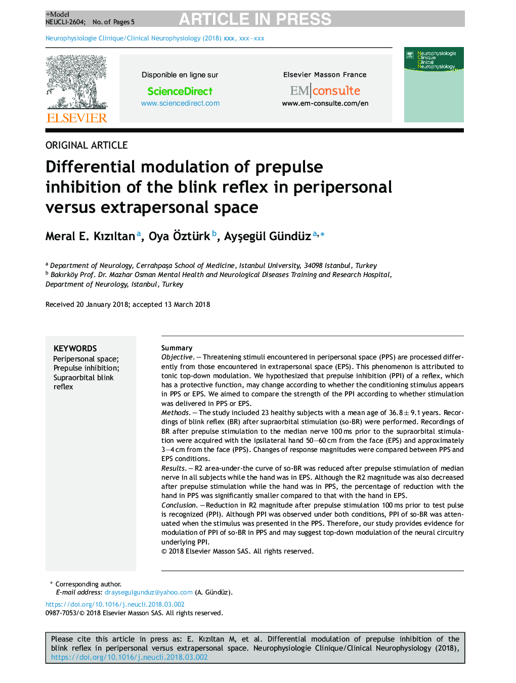 Differential modulation of prepulse inhibition of the blink reflex in peripersonal versus extrapersonal space