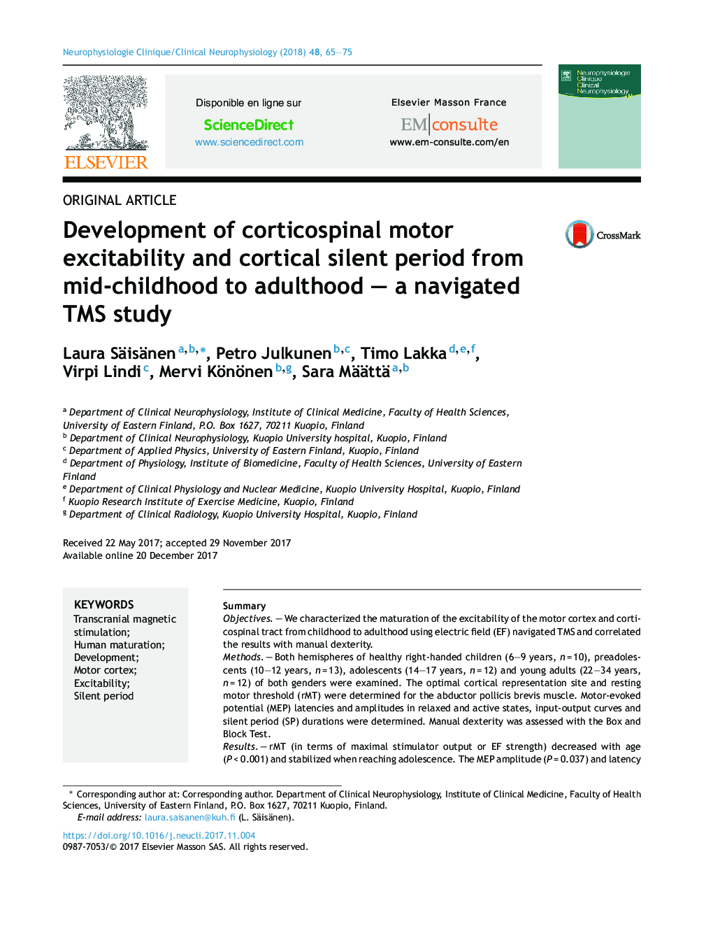 Development of corticospinal motor excitability and cortical silent period from mid-childhood to adulthood - a navigated TMS study