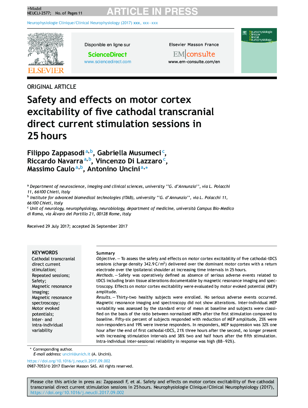 Safety and effects on motor cortex excitability of five cathodal transcranial direct current stimulation sessions in 25Â hours