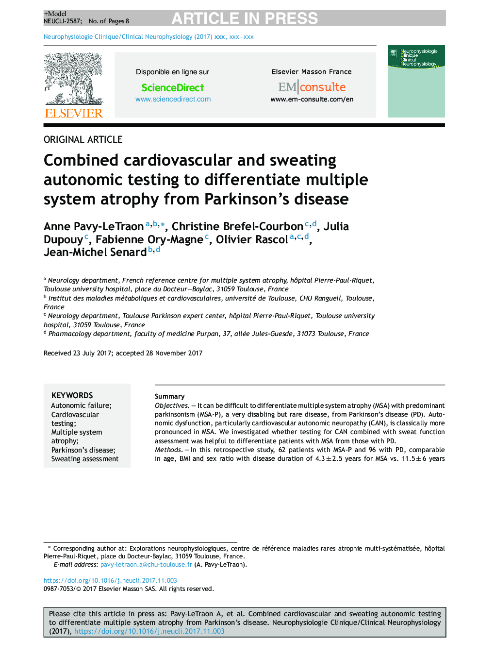 Combined cardiovascular and sweating autonomic testing to differentiate multiple system atrophy from Parkinson's disease