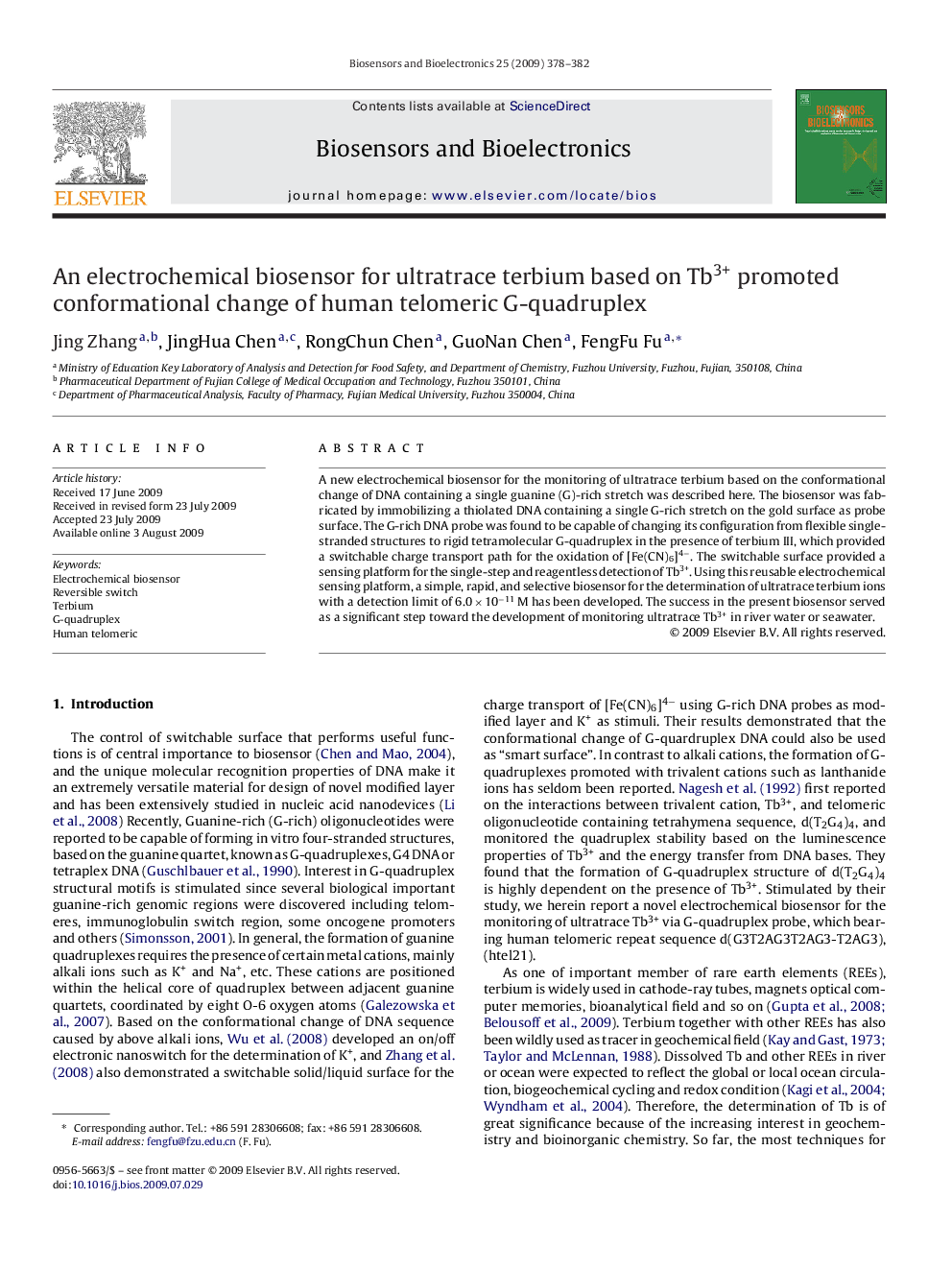 An electrochemical biosensor for ultratrace terbium based on Tb3+ promoted conformational change of human telomeric G-quadruplex