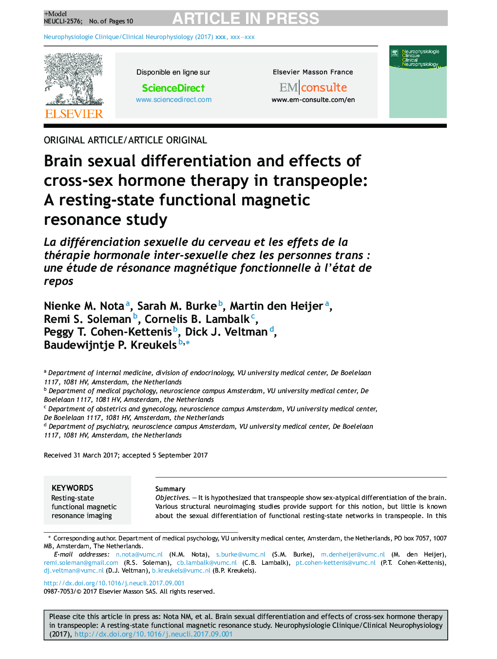 Brain sexual differentiation and effects of cross-sex hormone therapy in transpeople: A resting-state functional magnetic resonance study