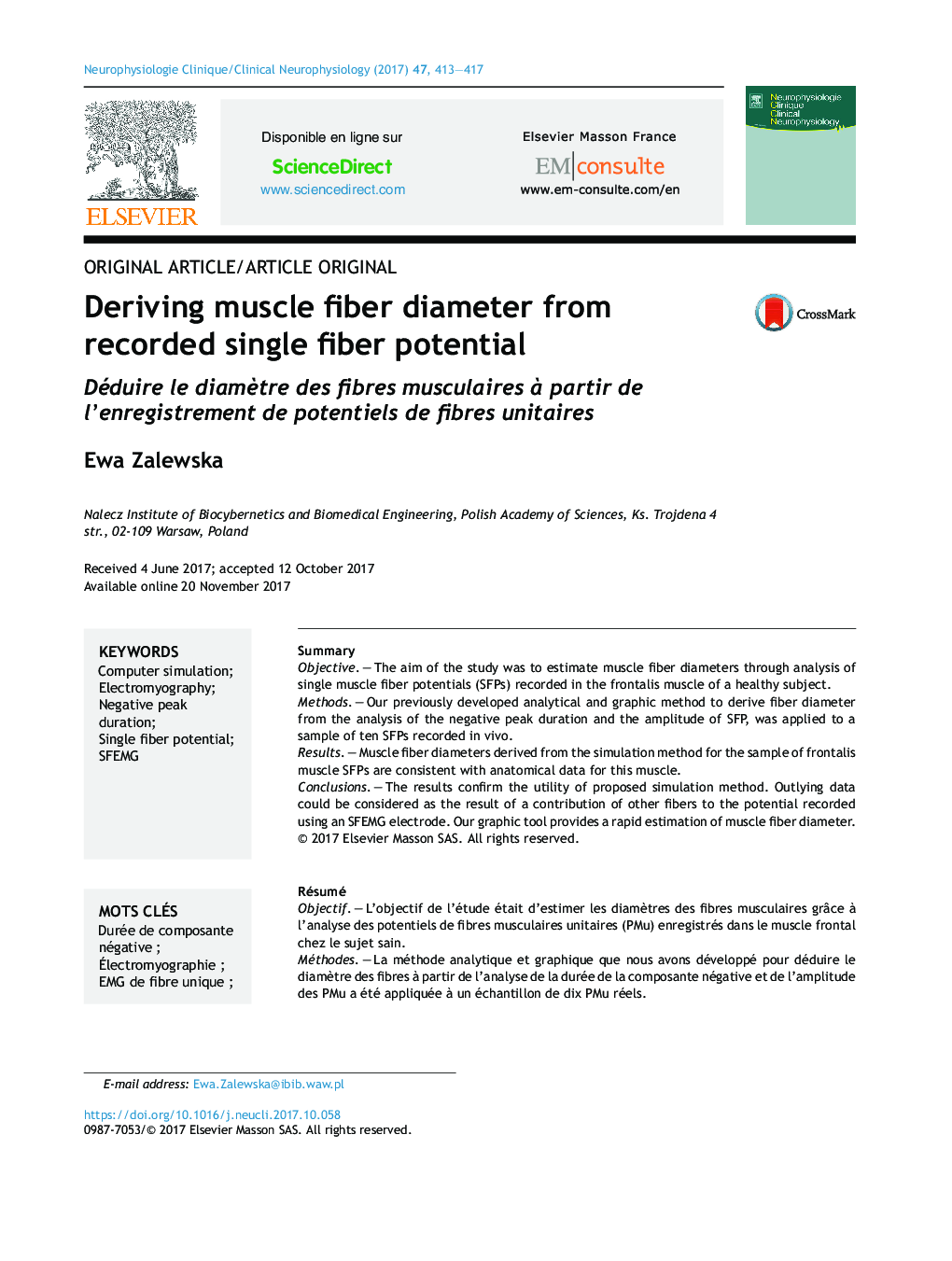 Deriving muscle fiber diameter from recorded single fiber potential