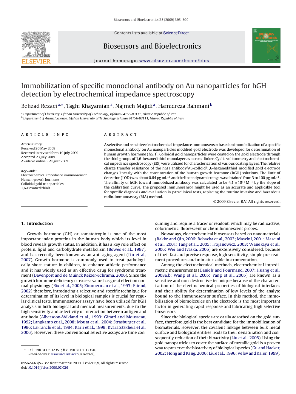 Immobilization of specific monoclonal antibody on Au nanoparticles for hGH detection by electrochemical impedance spectroscopy