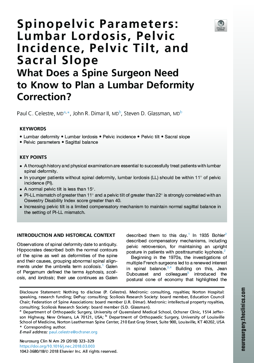 Spinopelvic Parameters: Lumbar Lordosis, Pelvic Incidence, Pelvic Tilt, and Sacral Slope