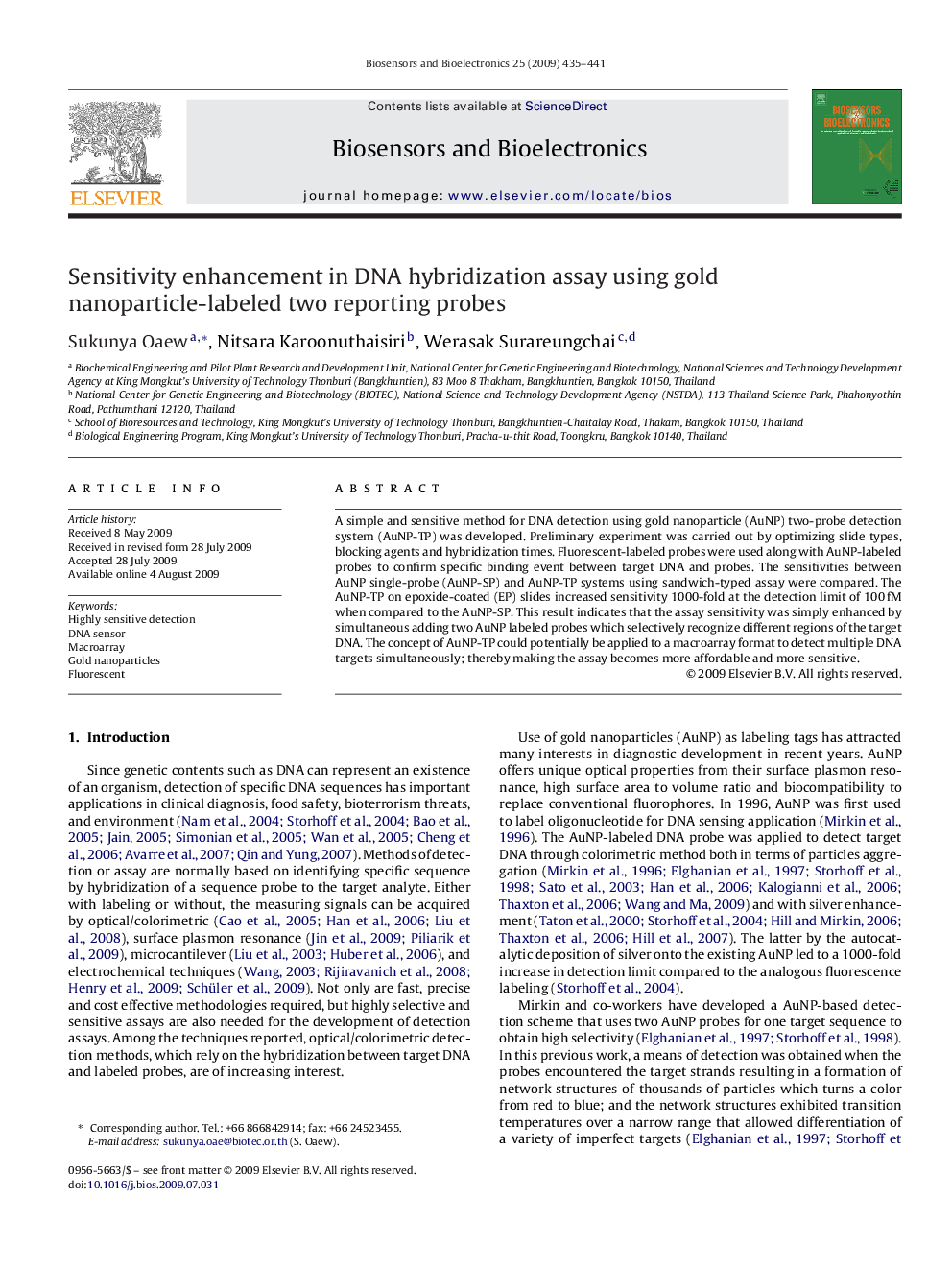 Sensitivity enhancement in DNA hybridization assay using gold nanoparticle-labeled two reporting probes