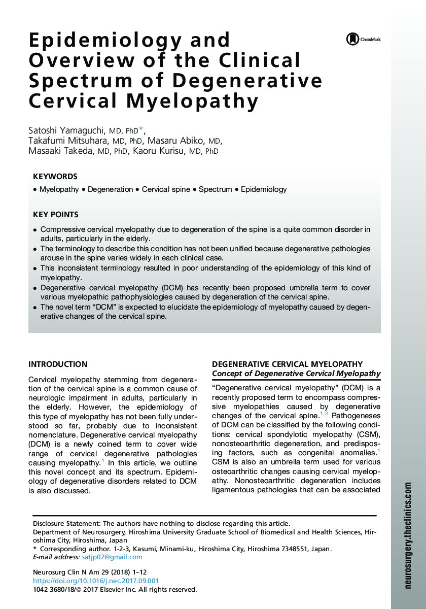 Epidemiology and Overview of the Clinical Spectrum of Degenerative Cervical Myelopathy