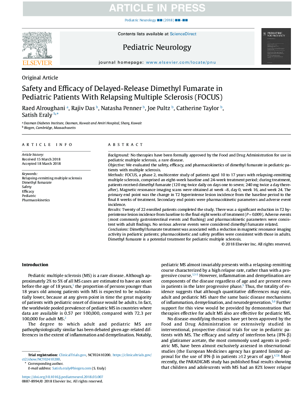 Safety and Efficacy of Delayed-Release Dimethyl Fumarate in Pediatric Patients With Relapsing Multiple Sclerosis (FOCUS)