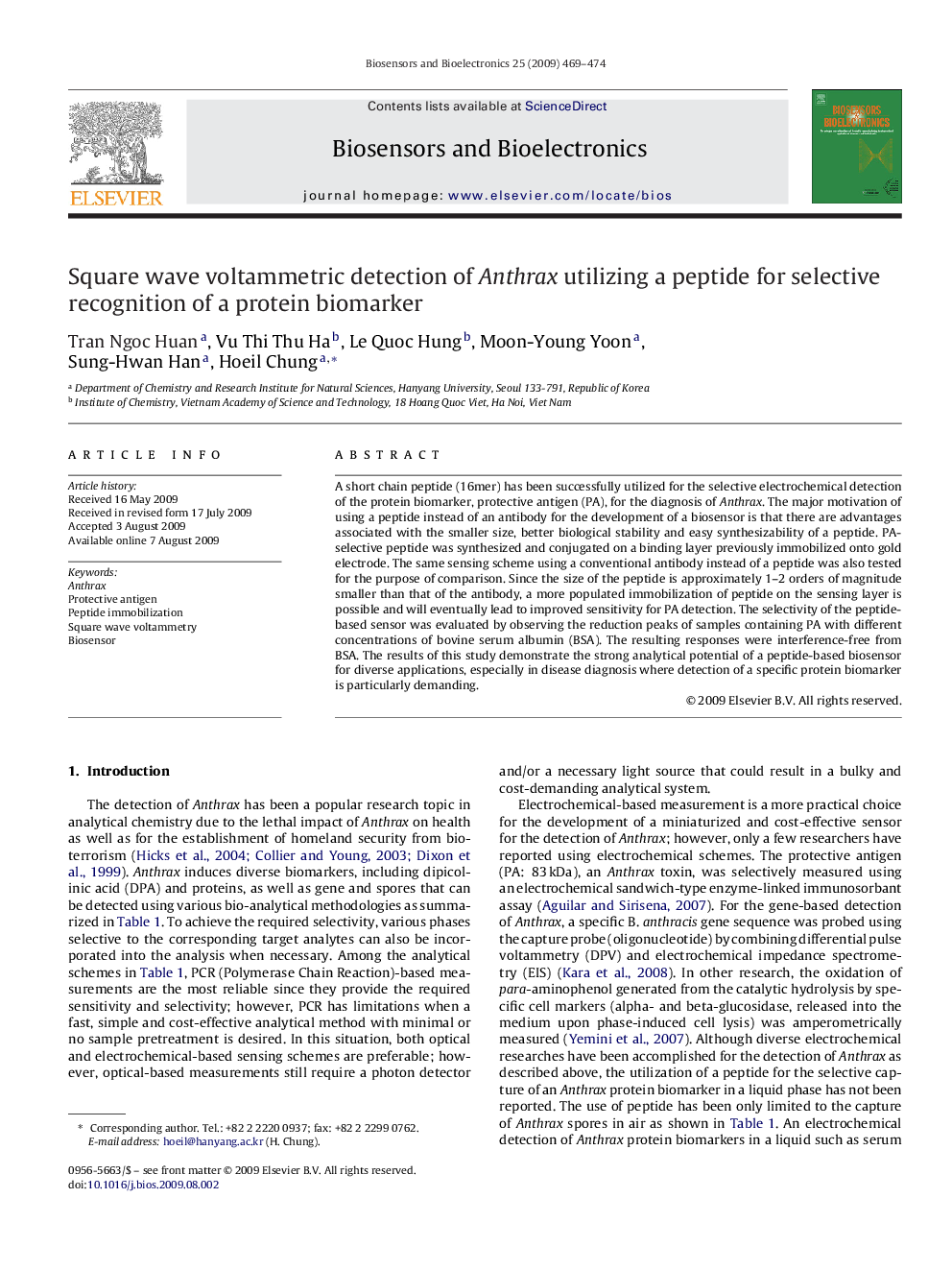 Square wave voltammetric detection of Anthrax utilizing a peptide for selective recognition of a protein biomarker