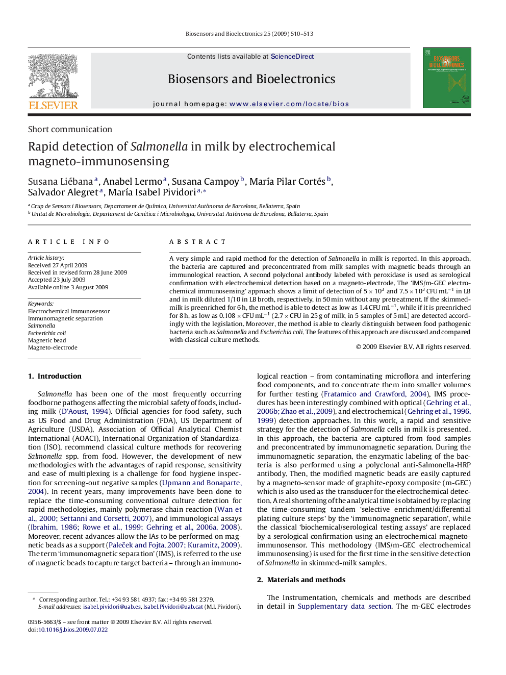 Rapid detection of Salmonella in milk by electrochemical magneto-immunosensing