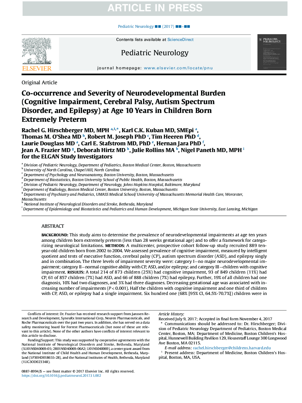 Co-occurrence and Severity of Neurodevelopmental Burden (Cognitive Impairment, Cerebral Palsy, Autism Spectrum Disorder, and Epilepsy) at Age Ten Years in Children Born Extremely Preterm