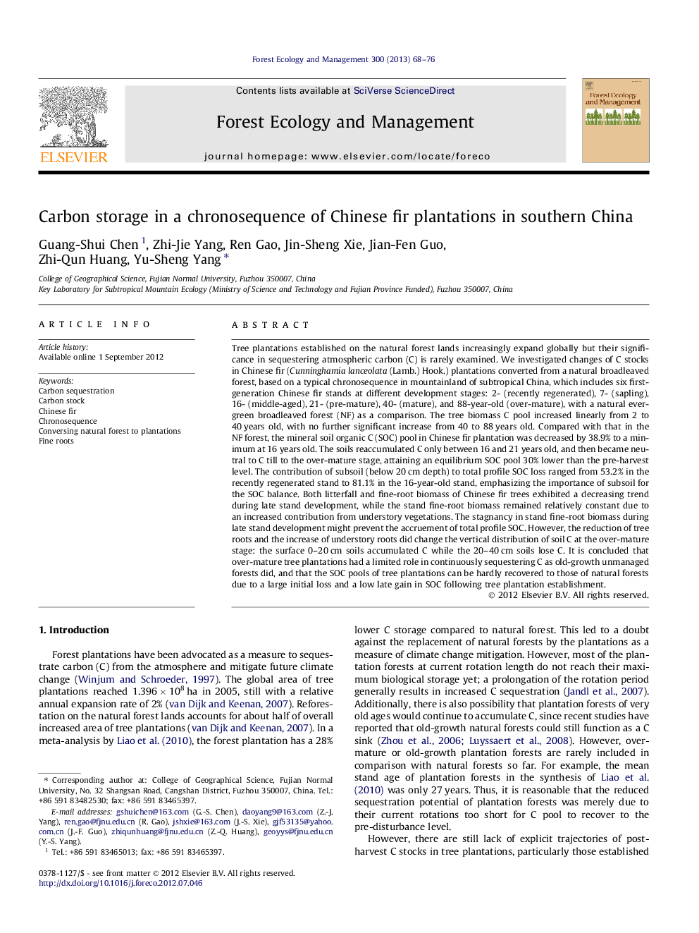 Carbon storage in a chronosequence of Chinese fir plantations in southern China