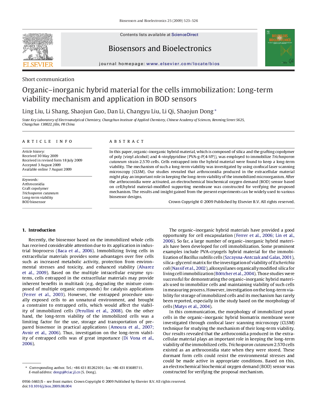 Organic–inorganic hybrid material for the cells immobilization: Long-term viability mechanism and application in BOD sensors