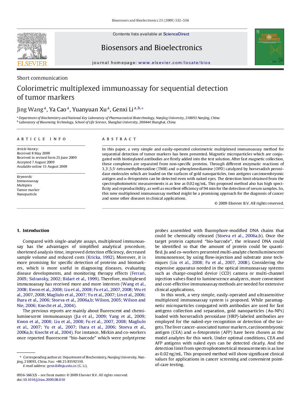 Colorimetric multiplexed immunoassay for sequential detection of tumor markers