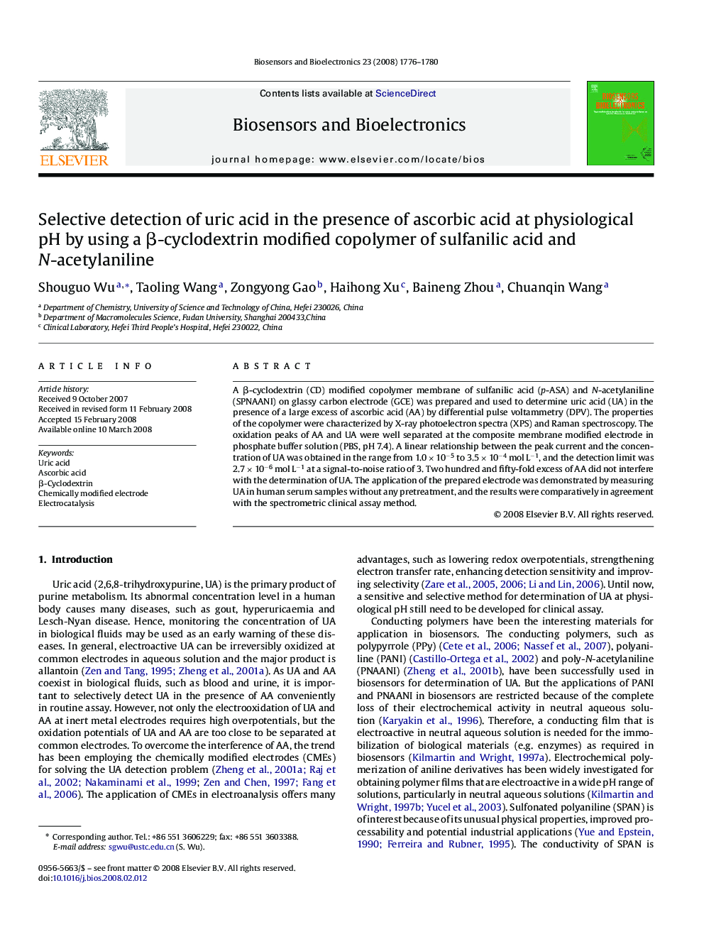 Selective detection of uric acid in the presence of ascorbic acid at physiological pH by using a β-cyclodextrin modified copolymer of sulfanilic acid and N-acetylaniline