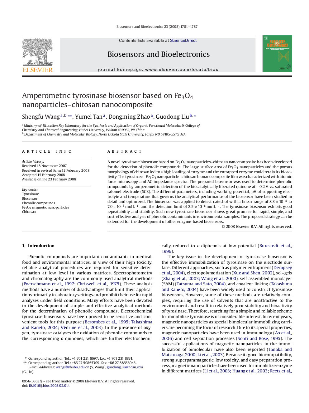 Amperometric tyrosinase biosensor based on Fe3O4 nanoparticles–chitosan nanocomposite