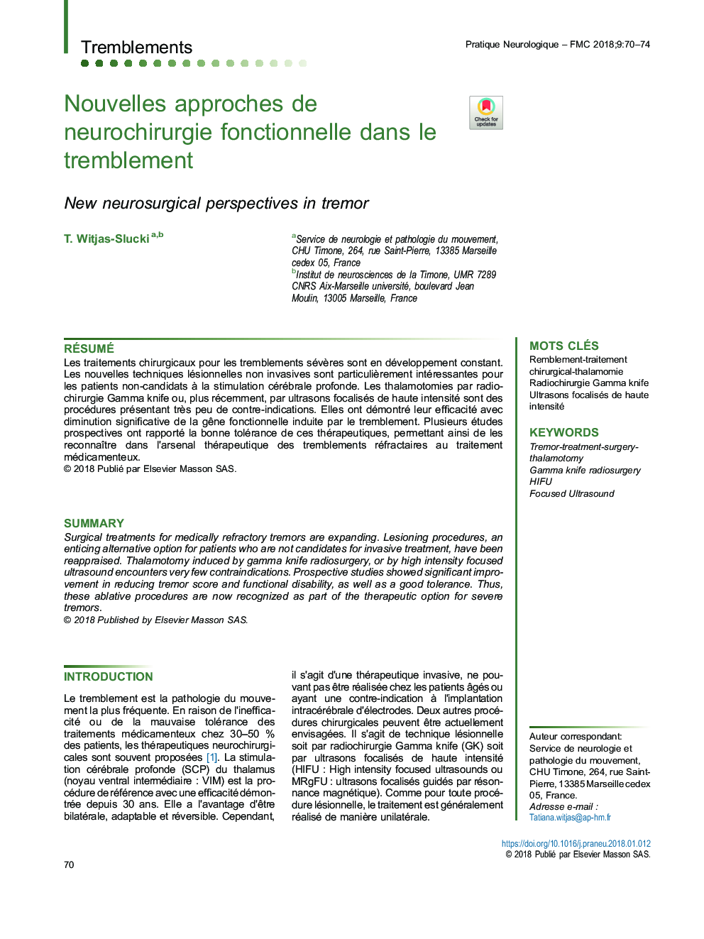 Nouvelles approches de neurochirurgie fonctionnelle dans le tremblement