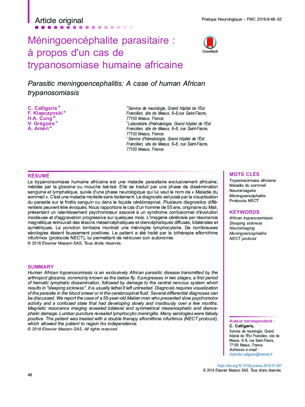 Méningoencéphalite parasitaireÂ : Ã  propos d'un cas de trypanosomiase humaine africaine