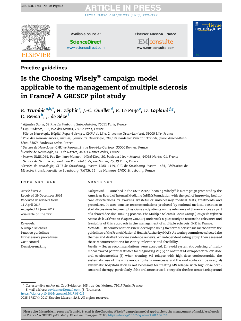 Is the Choosing Wisely® campaign model applicable to the management of multiple sclerosis in France? A GRESEP pilot study