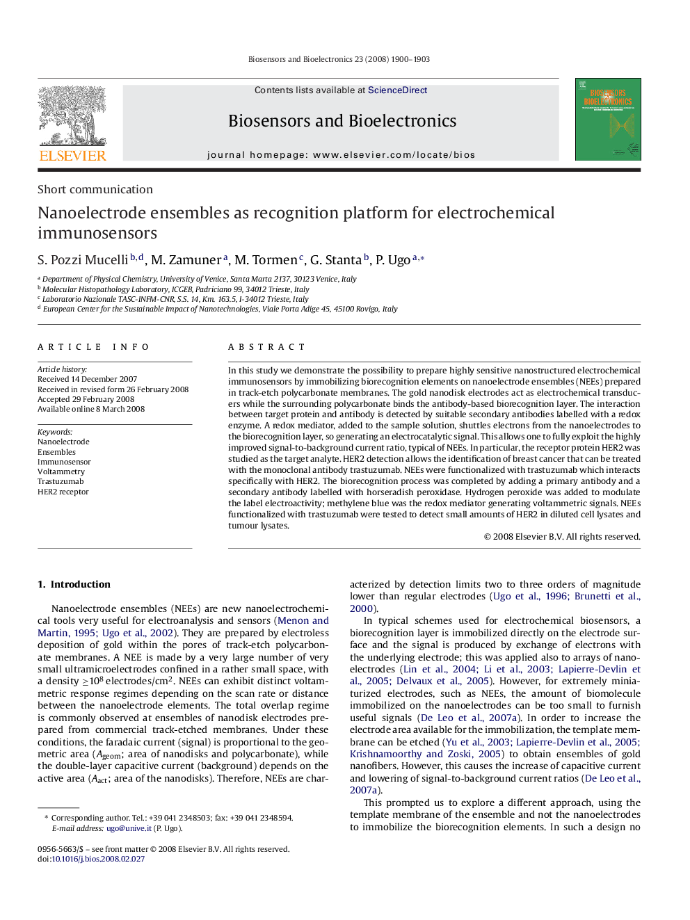 Nanoelectrode ensembles as recognition platform for electrochemical immunosensors