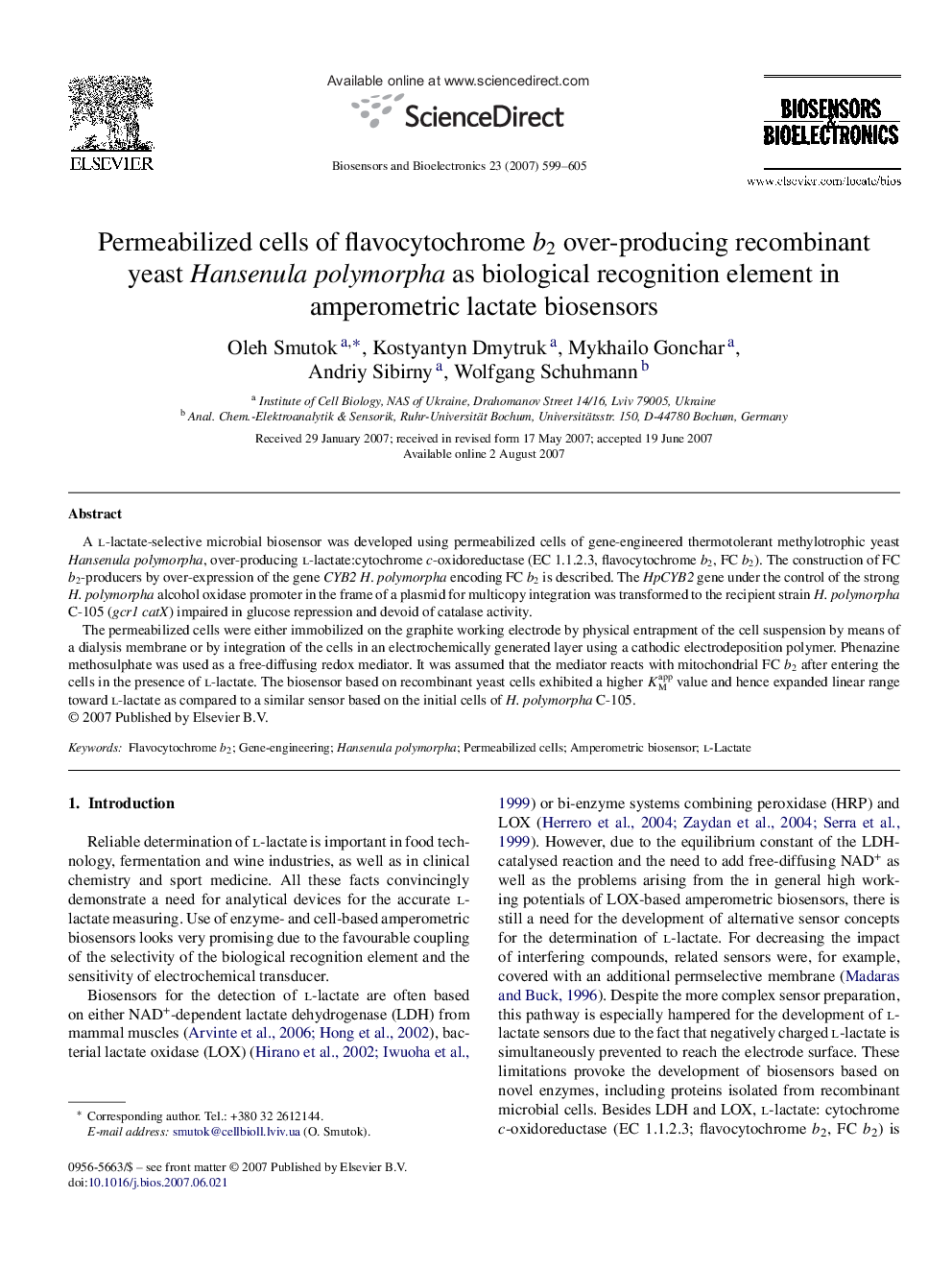 Permeabilized cells of flavocytochrome b2 over-producing recombinant yeast Hansenula polymorpha as biological recognition element in amperometric lactate biosensors