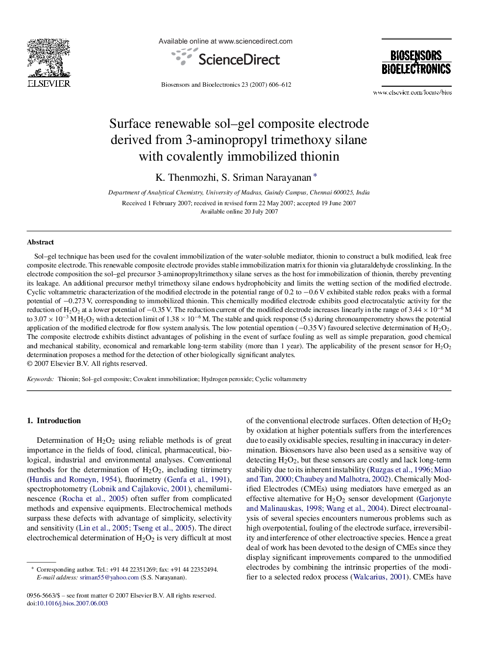 عکس صفحه اول مقاله: Surface renewable sol–gel composite electrode derived from 3-aminopropyl trimethoxy silane with covalently immobilized thionin Surface renewable sol–gel composite electrode derived from 3-aminopropyl trimethoxy silane with covalently immobilized thionin