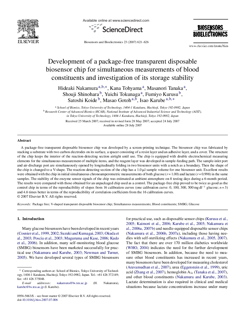 Development of a package-free transparent disposable biosensor chip for simultaneous measurements of blood constituents and investigation of its storage stability