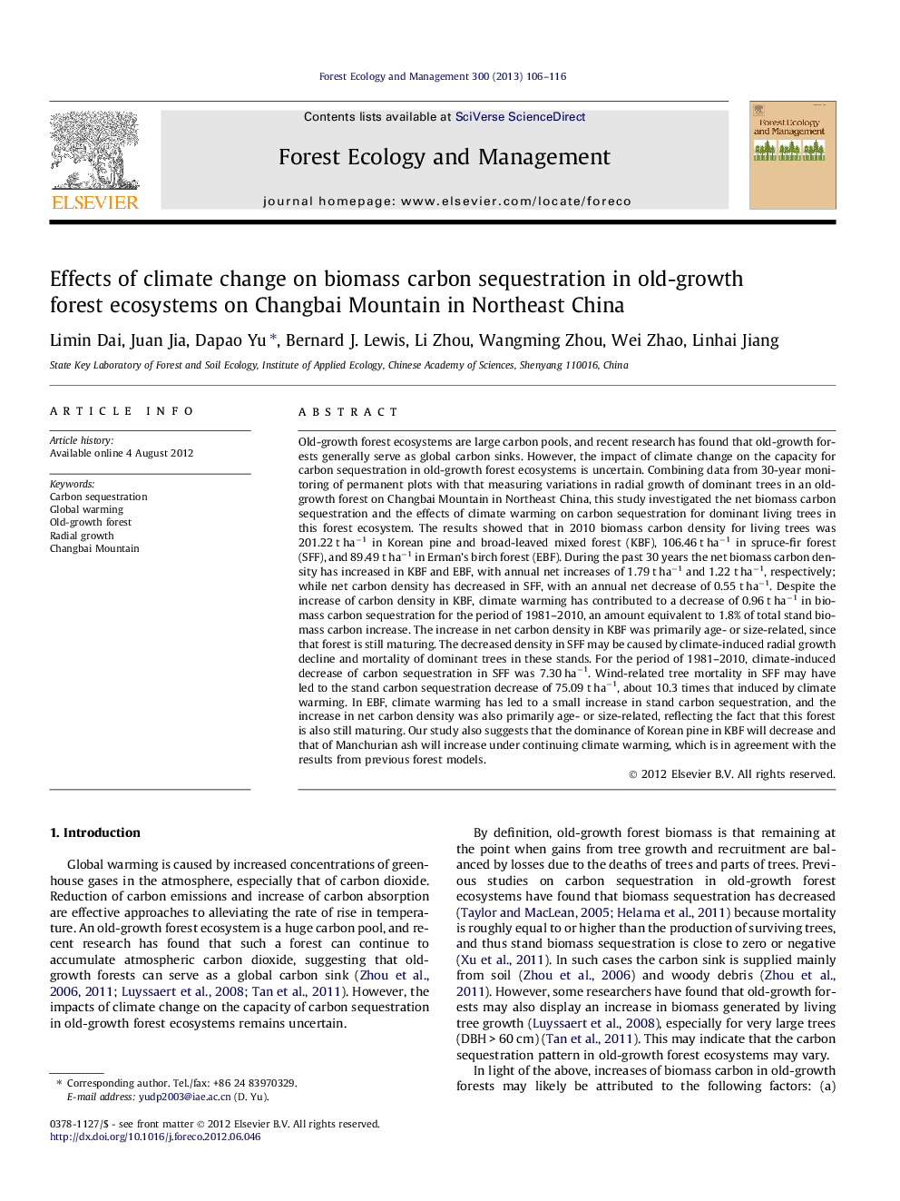 Effects of climate change on biomass carbon sequestration in old-growth forest ecosystems on Changbai Mountain in Northeast China