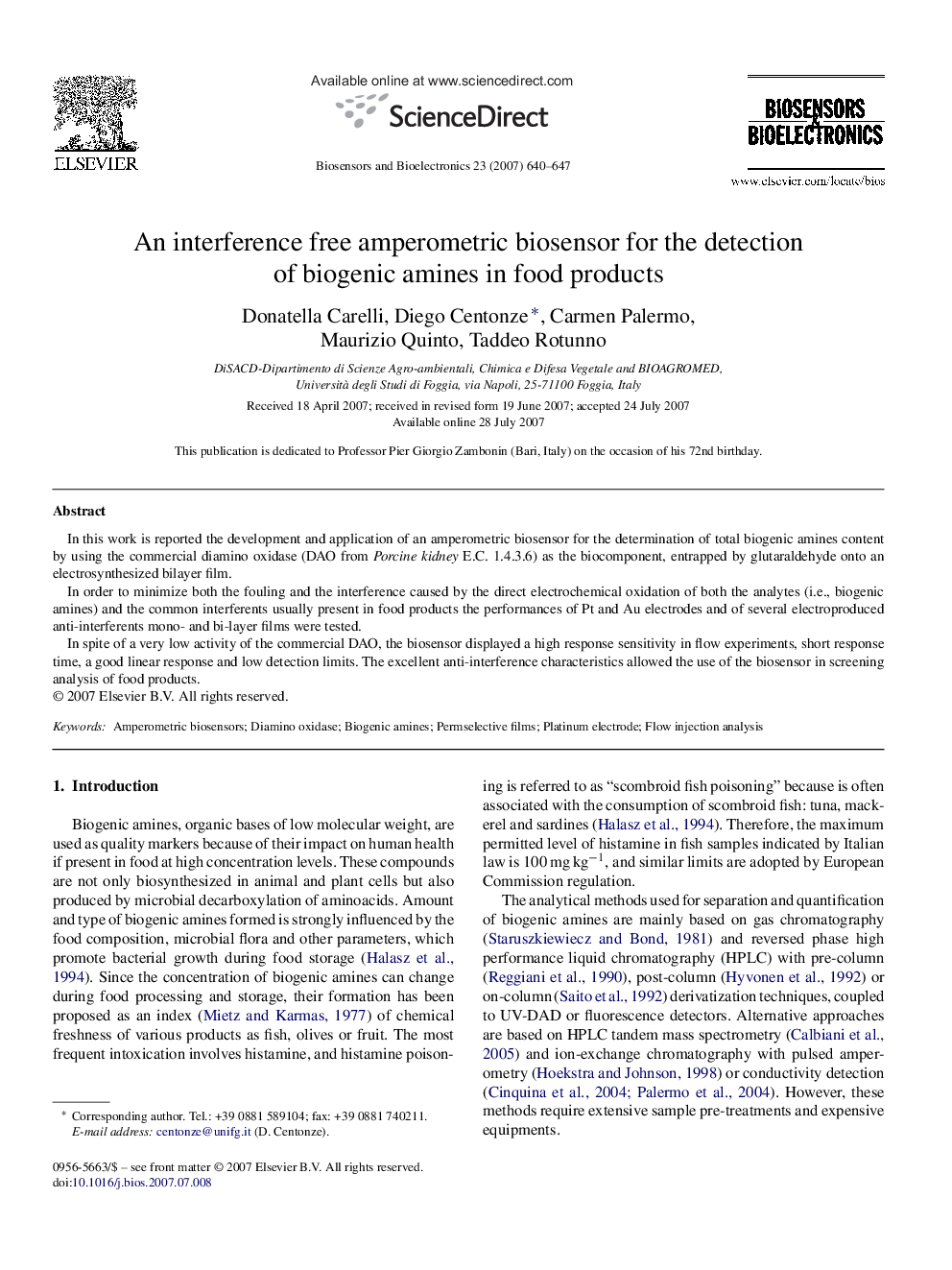 عکس صفحه اول مقاله: An interference free amperometric biosensor for the detection of biogenic amines in food products An interference free amperometric biosensor for the detection of biogenic amines in food products