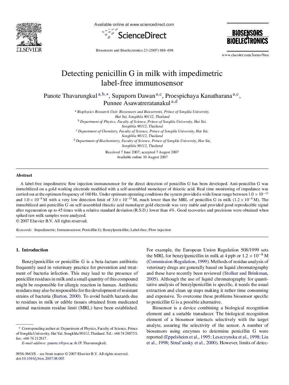 Detecting penicillin G in milk with impedimetric label-free immunosensor