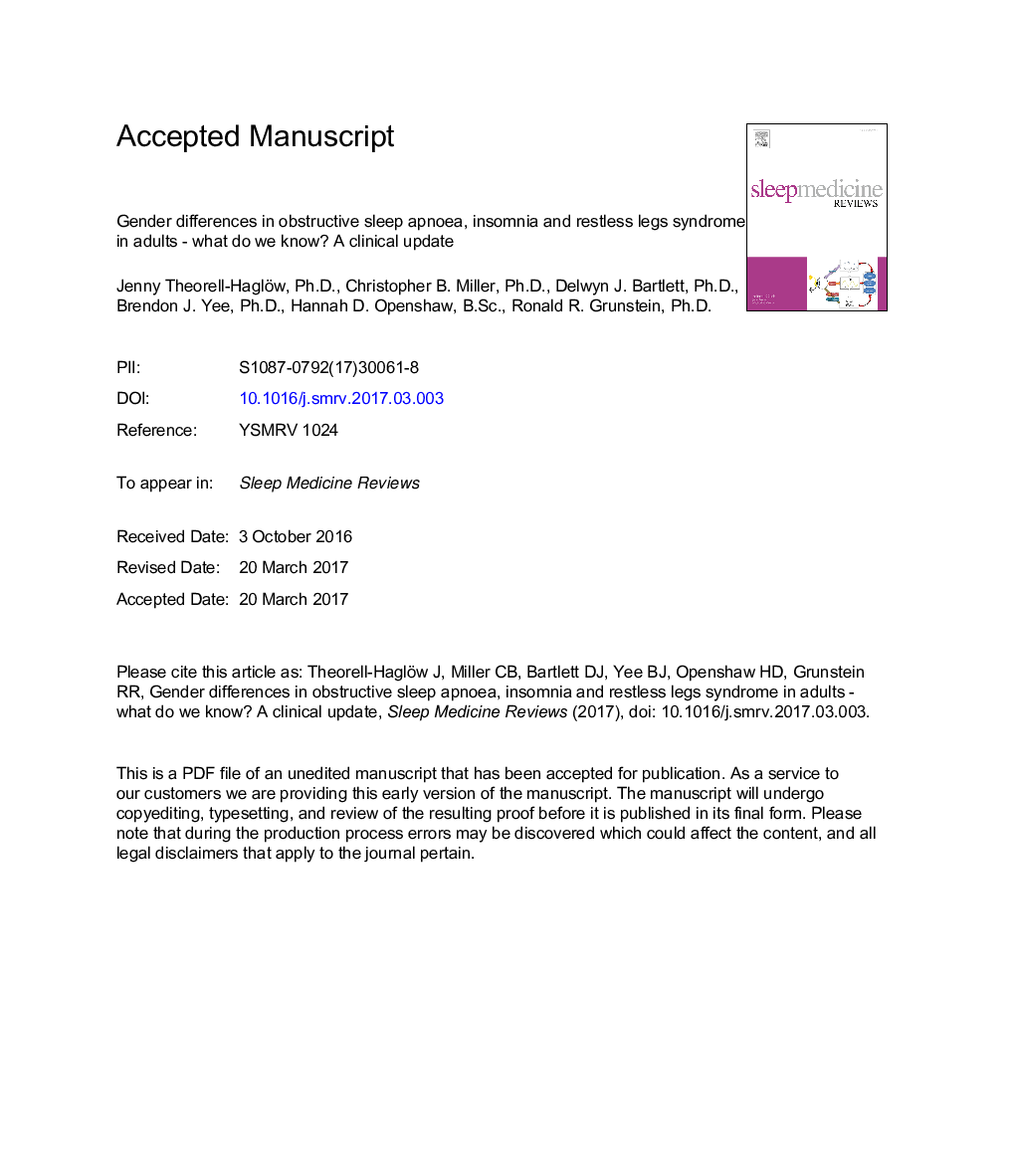 Gender differences in obstructive sleep apnoea, insomnia and restless legs syndrome in adults - What do we know? A clinical update