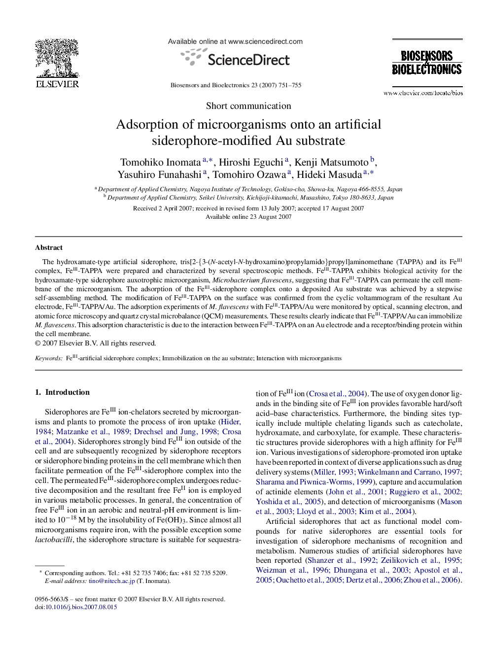 عکس صفحه اول مقاله: Adsorption of microorganisms onto an artificial siderophore-modified Au substrate Adsorption of microorganisms onto an artificial siderophore-modified Au substrate