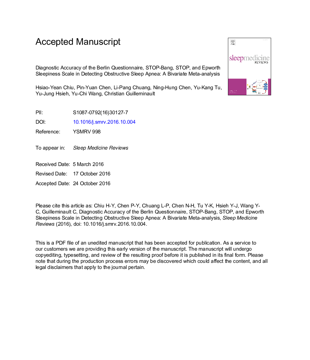 Diagnostic accuracy of the Berlin questionnaire, STOP-BANG, STOP, and Epworth sleepiness scale in detecting obstructive sleep apnea: A bivariate meta-analysis