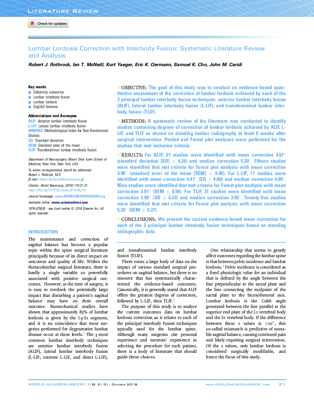 Lumbar Lordosis Correction with Interbody Fusion: Systematic Literature Review and Analysis