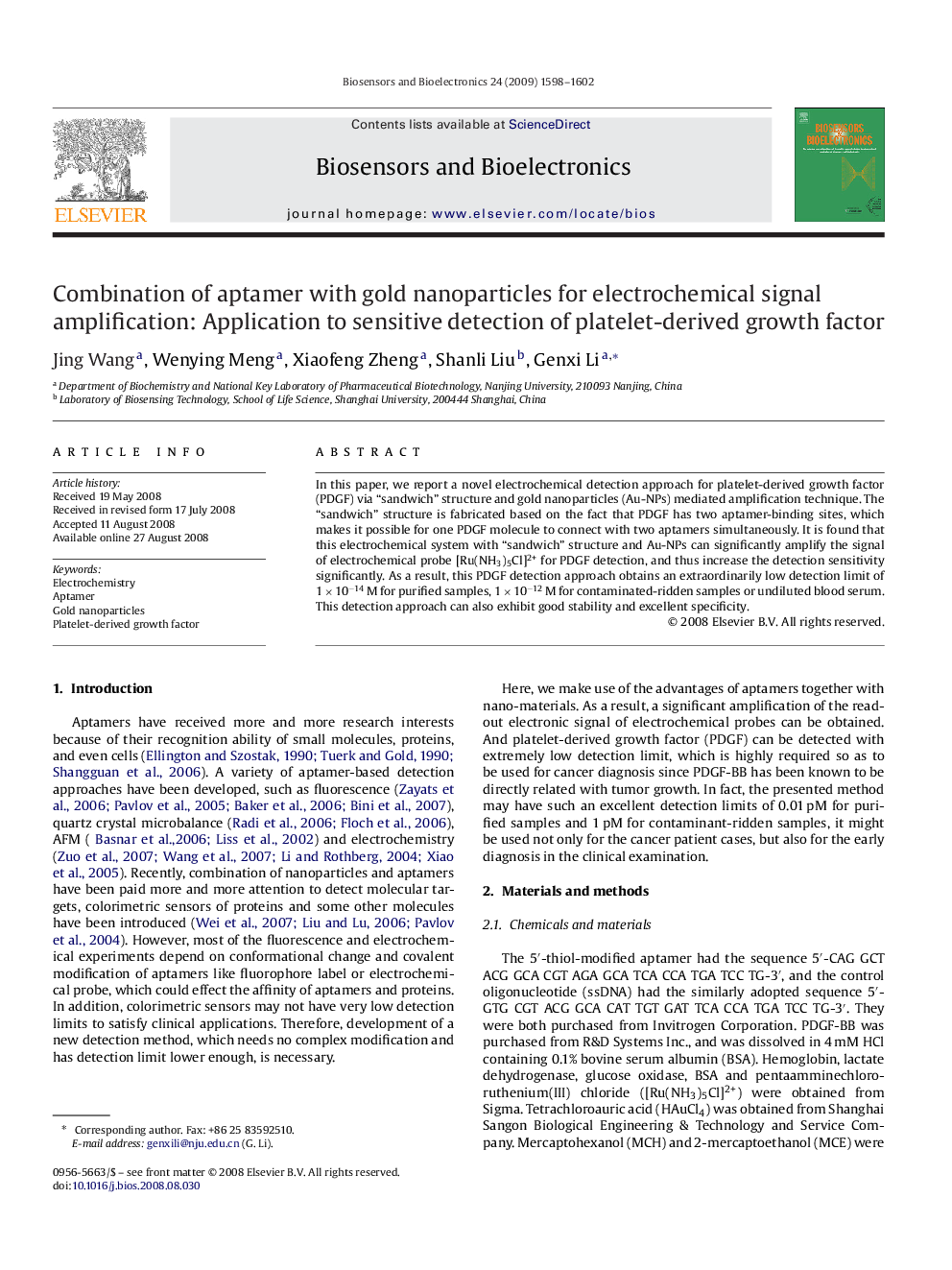 Combination of aptamer with gold nanoparticles for electrochemical signal amplification: Application to sensitive detection of platelet-derived growth factor