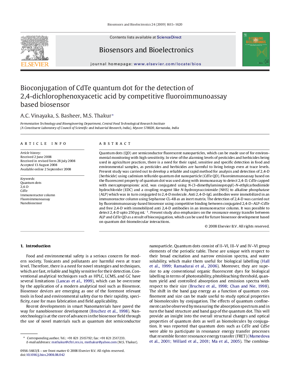 Bioconjugation of CdTe quantum dot for the detection of 2,4-dichlorophenoxyacetic acid by competitive fluoroimmunoassay based biosensor