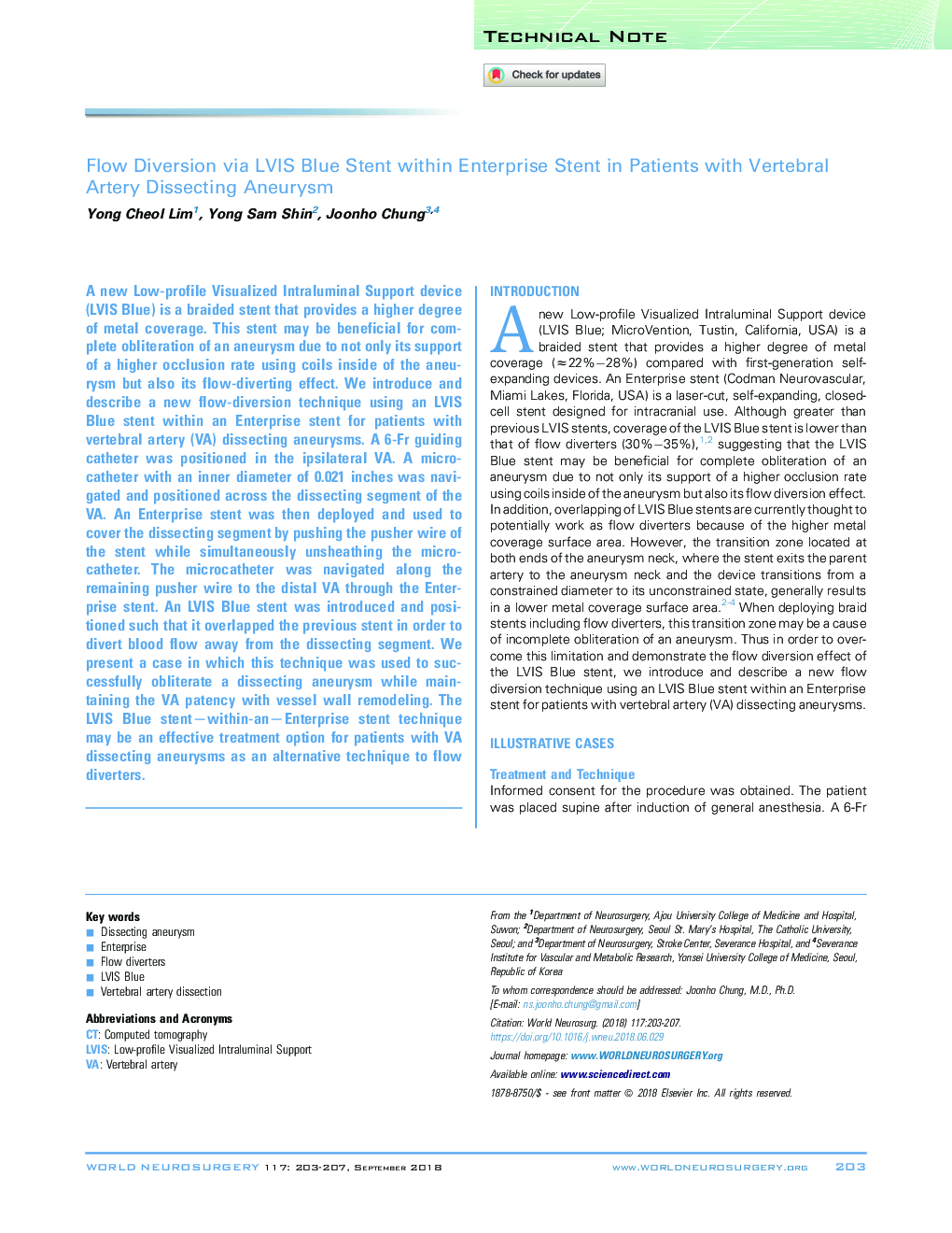 Flow Diversion via LVIS Blue Stent within Enterprise Stent in Patients with Vertebral Artery Dissecting Aneurysm