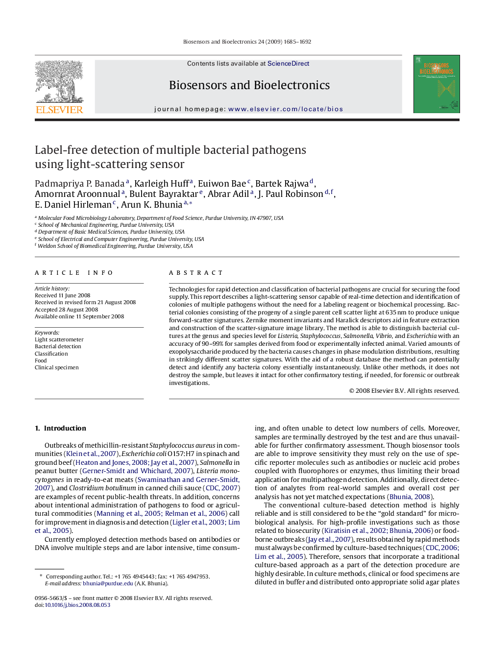 Label-free detection of multiple bacterial pathogens using light-scattering sensor