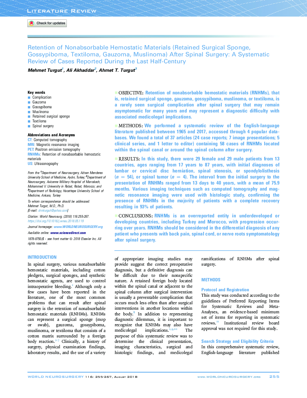 Retention of Nonabsorbable Hemostatic Materials (Retained Surgical Sponge, Gossypiboma, Textiloma, Gauzoma, Muslinoma) After Spinal Surgery: A Systematic Review of Cases Reported During the Last Half-Century