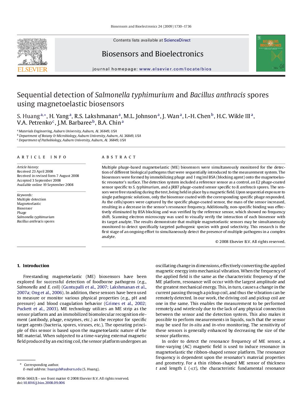 Sequential detection of Salmonella typhimurium and Bacillus anthracis spores using magnetoelastic biosensors