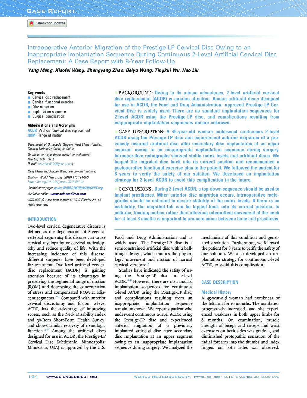 Intraoperative Anterior Migration of the Prestige-LP Cervical Disc Owing to an Inappropriate Implantation Sequence During Continuous 2-Level Artificial Cervical Disc Replacement: A Case Report with 8-Year Follow-Up